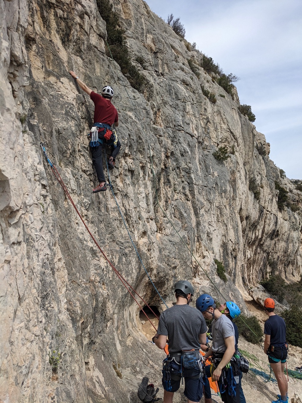 Excitedly getting up our first route of the trip, La Baleine. (Photo: Sam Bailey)