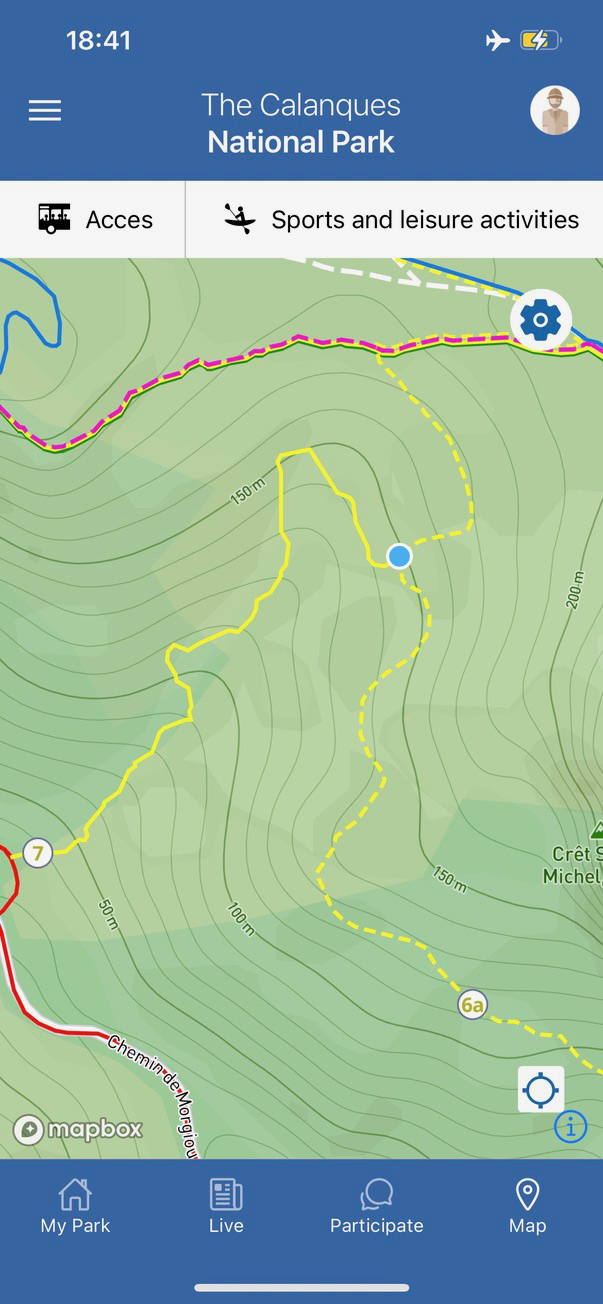 Screenshot from the Map section of the Mes Calanques app.