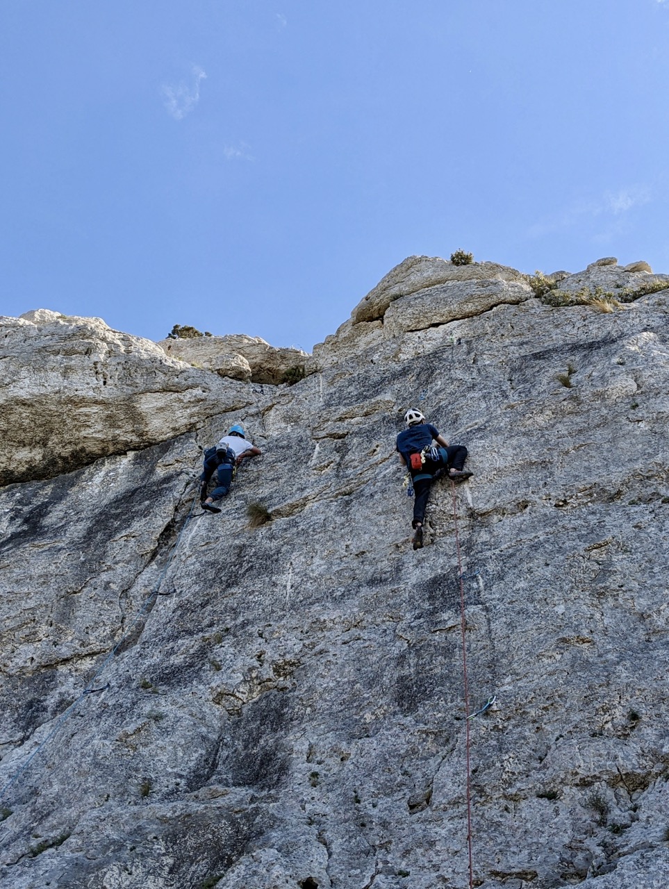 Finding my feet on Vent de Panique (right) whilst Jamie (left) performs the final moves on Tapage Diurne. 