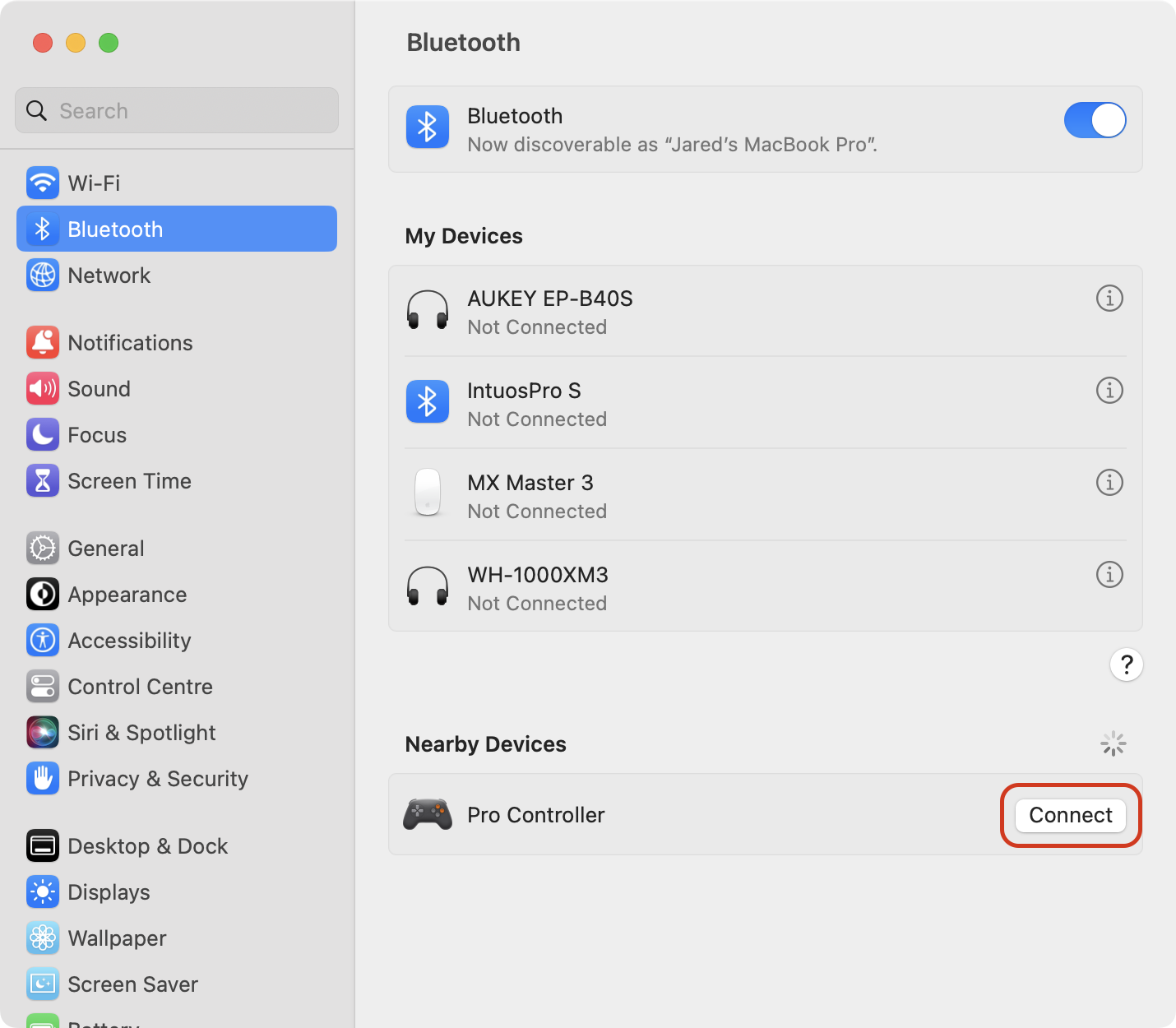 Connecting a Nintendo Switch Pro Controller in macOS Ventura System Settings